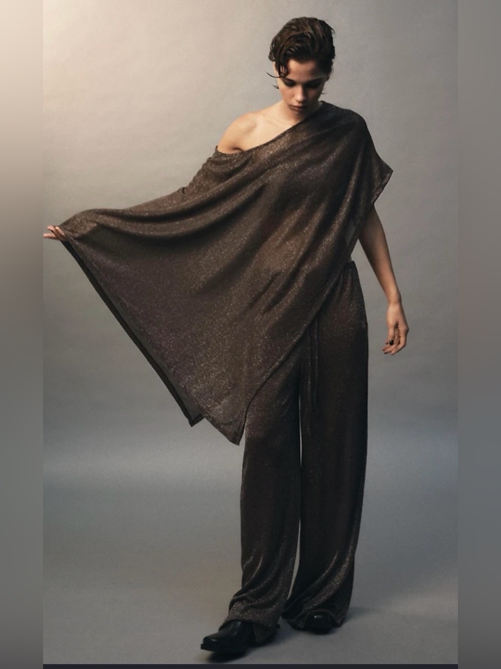 Zara asymmetrical metallic thread cape and matching wide leg pants